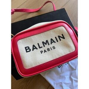 Balmain Paris Canvas Leather Trim Camera Bag Pink Gold Chain Logo